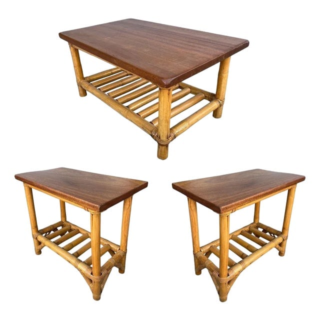 1950s Restored Child Size Floating "Ladder" Rattan Coffee & Side Table Set of 3: Title: 1950s Restored Child Size Floating "Ladder" Rattan Coffee & Side Table Set of 3 Description: This rare beautifully restored child-size floating "Jacob's Ladder" coffee table and side table pair