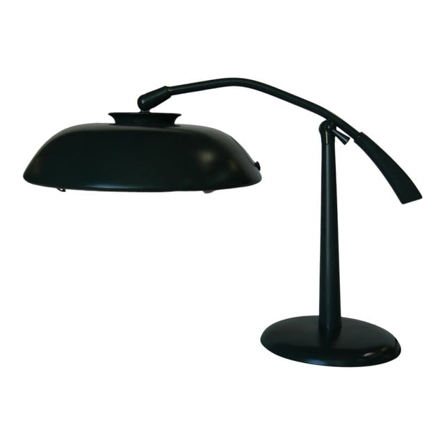 Mid-Century Green Enamel Brass Swivel Table Lamp W/ Large 13" Saucer Shade: Title: Mid-Century Green Enamel Brass Swivel Table Lamp W/ Large 13" Saucer Shade Description: Mid-Century green enamel brass swivel table lamp w/ large 13" saucer shade. Measures 22" Wide x 13" Deep 
