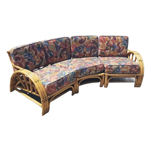 Restored Mid-Century 3 Strand Rattan Spoke Half Moon Arm Corner Sectional Sofa (1 of 8)
