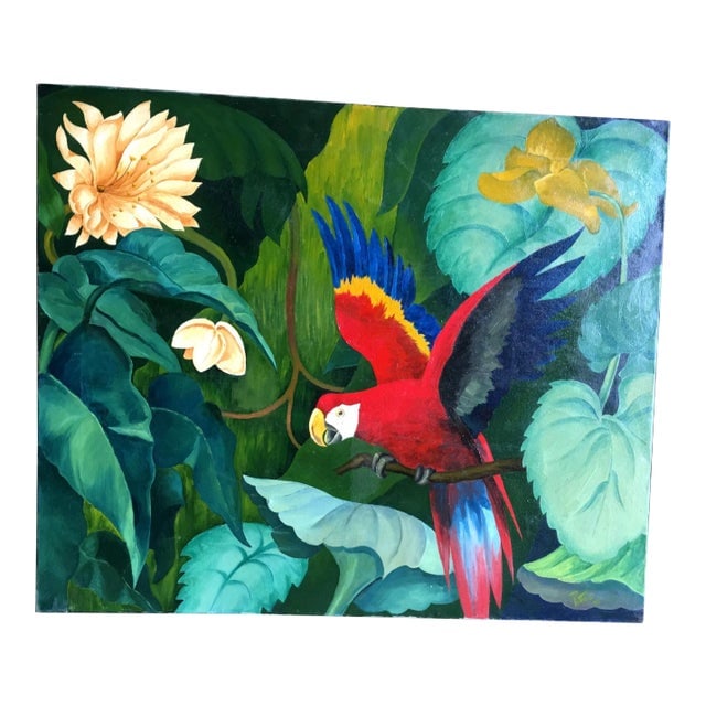 Large Tropical Hawaiian Scenic W Parrot Oil on Canvas Signed Pia Tole 1946: Title: Large Tropical Hawaiian Scenic W Parrot Oil on Canvas Signed Pia Tole 1946 Description: Large 30" X36" oil on canvas painting featuring a tropical Hawaiian scene with Lush foliage and a red