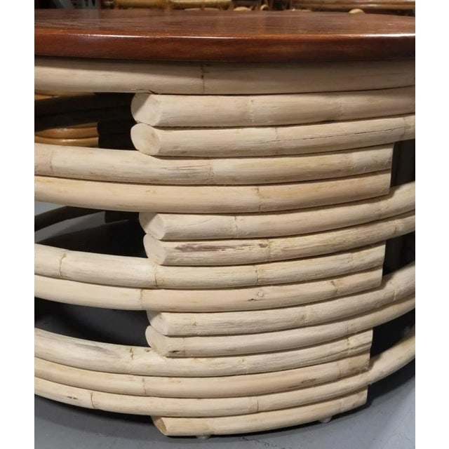 1950s Restored Rattan White Natural Wood Stacked Round Coffee Table With Mahogany Top - 2