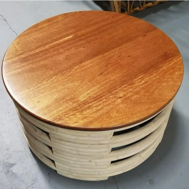 1950s Restored Rattan White Natural Wood Stacked Round Coffee Table With Mahogany Top - 4