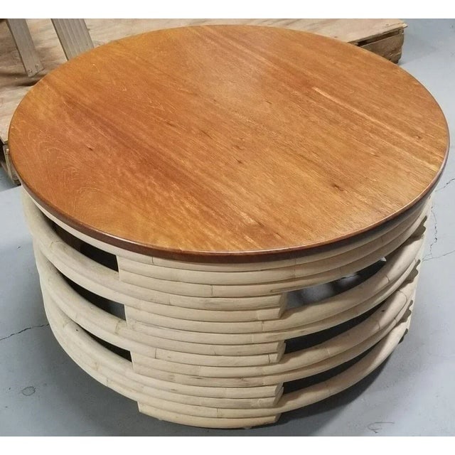 1950s Restored Rattan White Natural Wood Stacked Round Coffee Table With Mahogany Top - 5