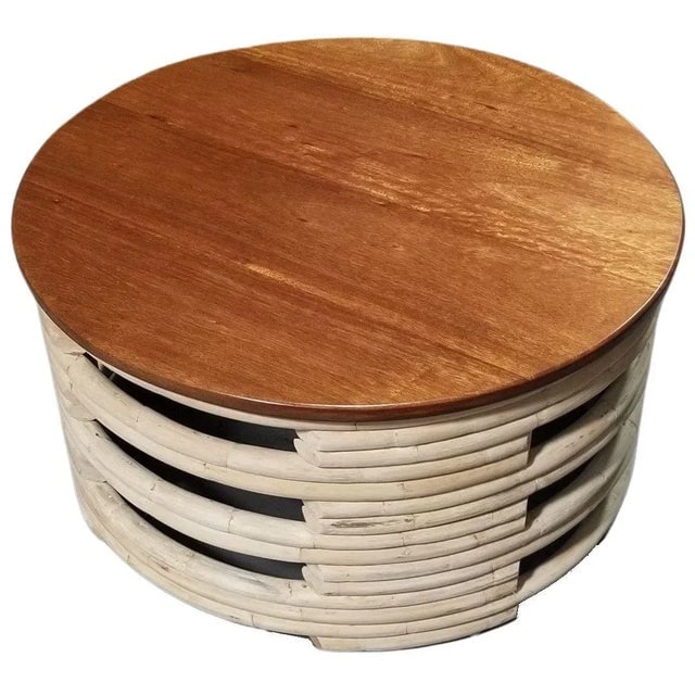 1950s Restored Rattan White Natural Wood Stacked Round Coffee Table With Mahogany Top - 6
