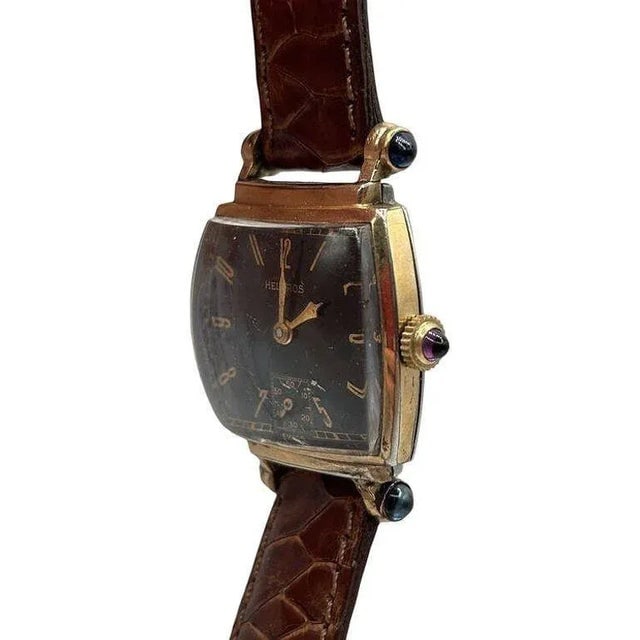 1940s Helbros Tonneau Shape Gold Filled Art Deco Mens Manual Dress Watch w/ Rubies - 10
