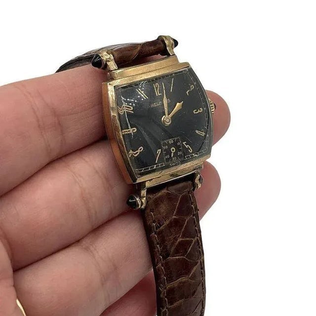 1940s Helbros Tonneau Shape Gold Filled Art Deco Mens Manual Dress Watch w/ Rubies - 11
