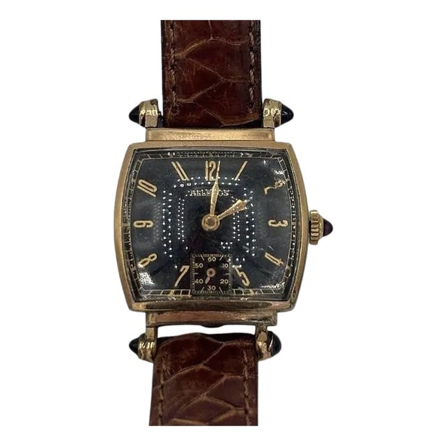 1940s Helbros Tonneau Shape Gold Filled Art Deco Mens Manual Dress Watch w/ Rubies: Title: 1940s Helbros Tonneau Shape Gold Filled Art Deco Mens Manual Dress Watch w/ Rubies Description: Original 1940 Swiss-made gold-filled Men's dress watch by Helbros features an elegant Art Deco