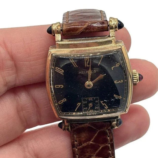 1940s Helbros Tonneau Shape Gold Filled Art Deco Mens Manual Dress Watch w/ Rubies - 2