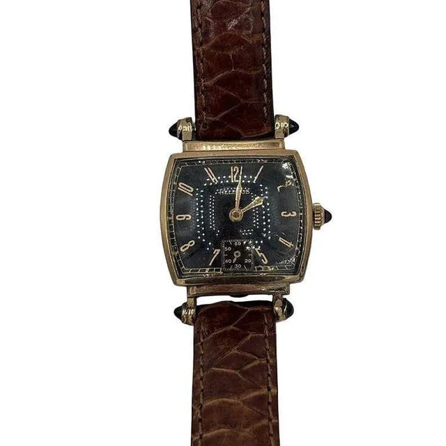 1940s Helbros Tonneau Shape Gold Filled Art Deco Mens Manual Dress Watch w/ Rubies - 6