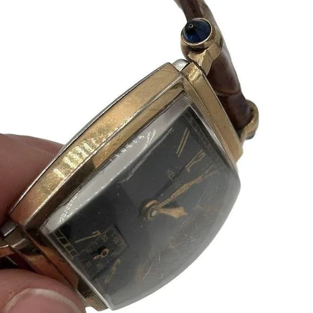 1940s Helbros Tonneau Shape Gold Filled Art Deco Mens Manual Dress Watch w/ Rubies - 8