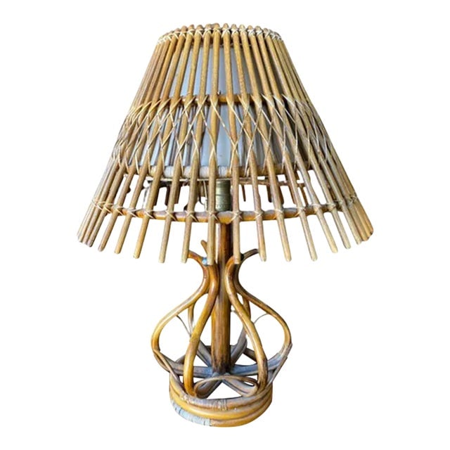 1950s Restored Modernist Stacked Stick Reed Rattan Organic Table Lamp with Stick Rattan Shade: Title: 1950s Restored Modernist Stacked Stick Reed Rattan Organic Table Lamp with Stick Rattan Shade Description: Modernist stacked stick rattan table lamp with outward stick rattan fan shade. Lamp: 2
