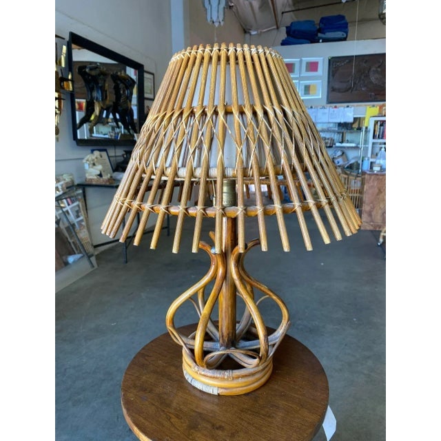 1950s Restored Modernist Stacked Stick Reed Rattan Organic Table Lamp with Stick Rattan Shade - 2