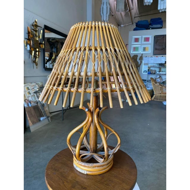 1950s Restored Modernist Stacked Stick Reed Rattan Organic Table Lamp with Stick Rattan Shade - 4