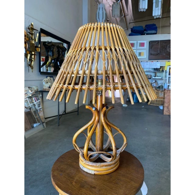 1950s Restored Modernist Stacked Stick Reed Rattan Organic Table Lamp with Stick Rattan Shade - 7