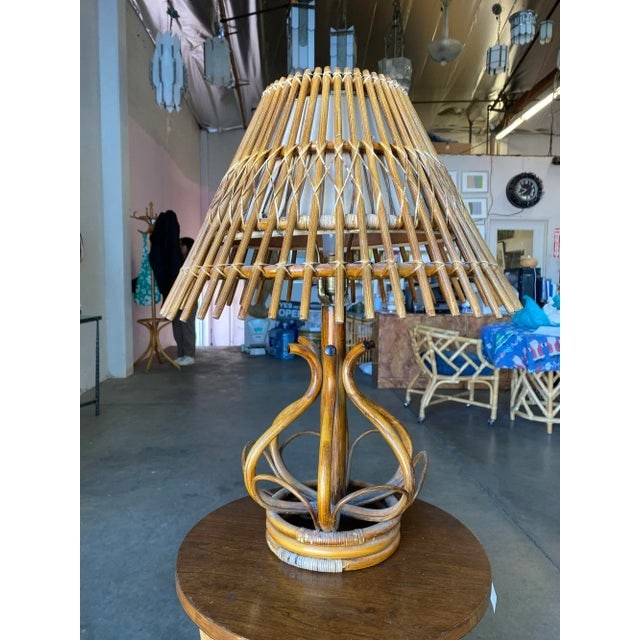 1950s Restored Modernist Stacked Stick Reed Rattan Organic Table Lamp with Stick Rattan Shade - 8