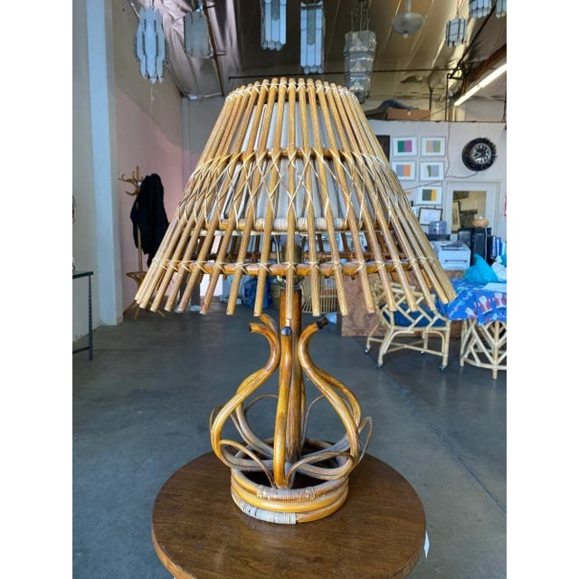 1950s Restored Modernist Stacked Stick Reed Rattan Organic Table Lamp with Stick Rattan Shade - 9