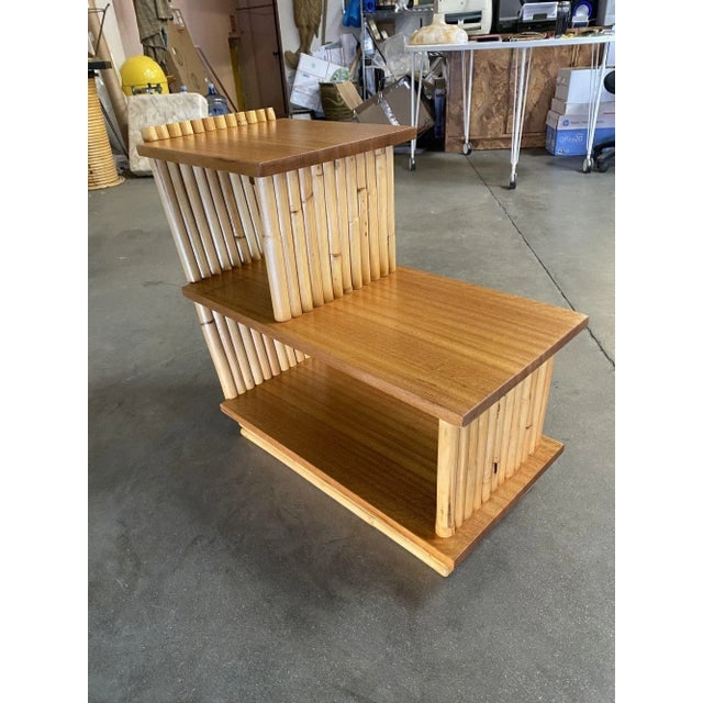 Restored Mid-Century Vertically Stacked Geometric Rattan Side Table With Mahogany Tops - 2