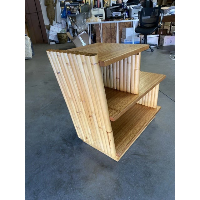 Restored Mid-Century Vertically Stacked Geometric Rattan Side Table With Mahogany Tops - 3