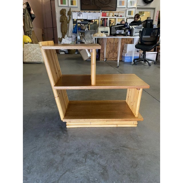 Restored Mid-Century Vertically Stacked Geometric Rattan Side Table With Mahogany Tops - 4