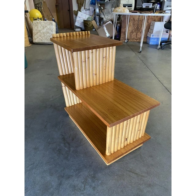 Restored Mid-Century Vertically Stacked Geometric Rattan Side Table With Mahogany Tops - 5