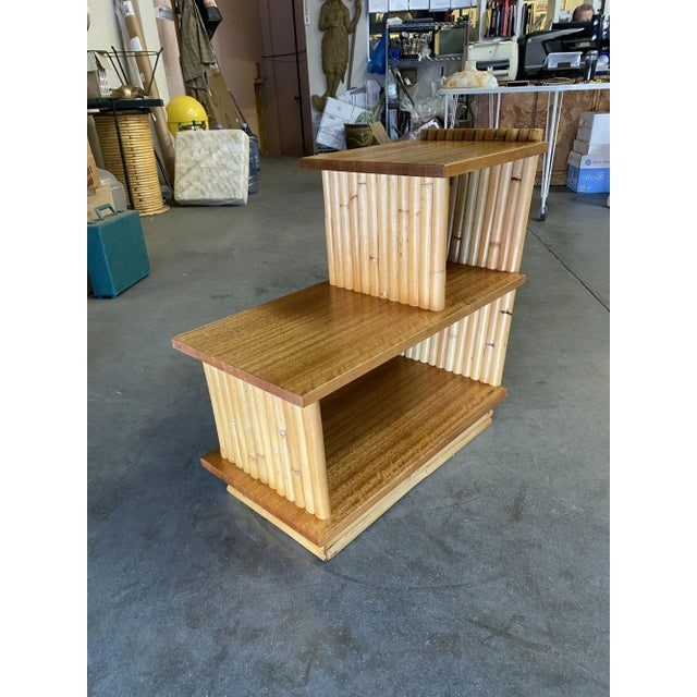 Restored Mid-Century Vertically Stacked Geometric Rattan Side Table With Mahogany Tops - 6