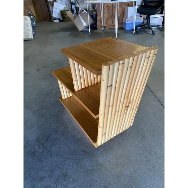 Restored Mid-Century Vertically Stacked Geometric Rattan Side Table With Mahogany Tops - 7