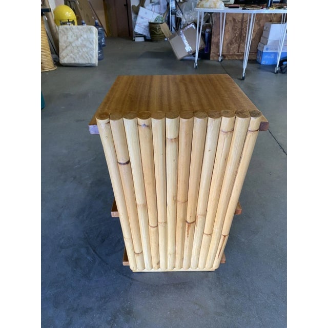 Restored Mid-Century Vertically Stacked Geometric Rattan Side Table With Mahogany Tops - 8