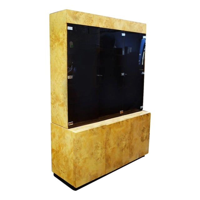 1970s Burl Wood China Cabinet by Dillingham: Title: 1970s Burl Wood China Cabinet by Dillingham Description: Large Postmodern burl elmwood cabinet featuring a breakfront with three smoked glass doors containing adjustable shelves inside and thre