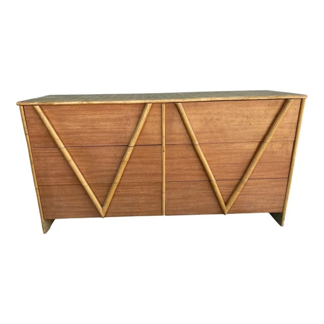 Restored Vintage 1950s Teak and Rice Mat "V" Lowboy Dresser With Rattan - 10