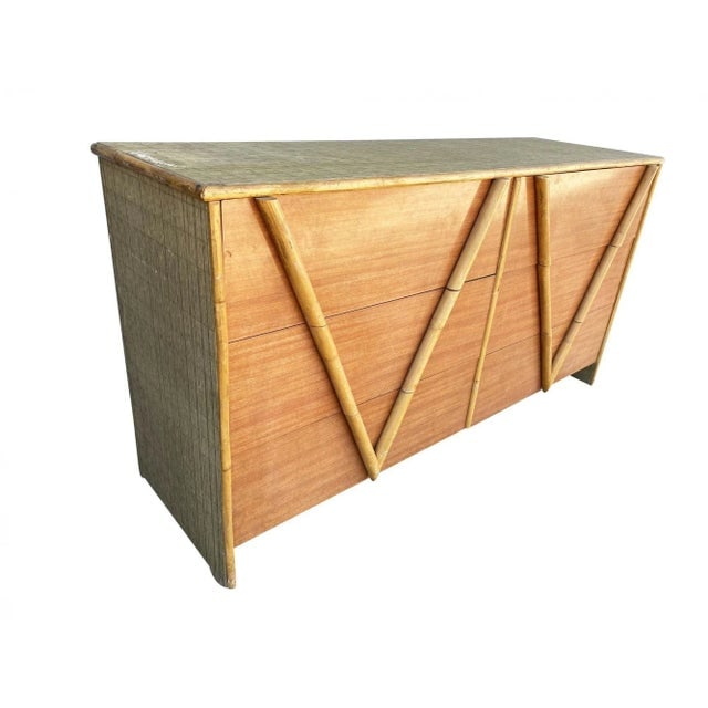 Restored Vintage 1950s Teak and Rice Mat "V" Lowboy Dresser With Rattan - 2