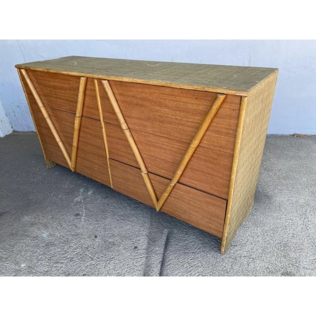 Restored Vintage 1950s Teak and Rice Mat "V" Lowboy Dresser With Rattan - 3