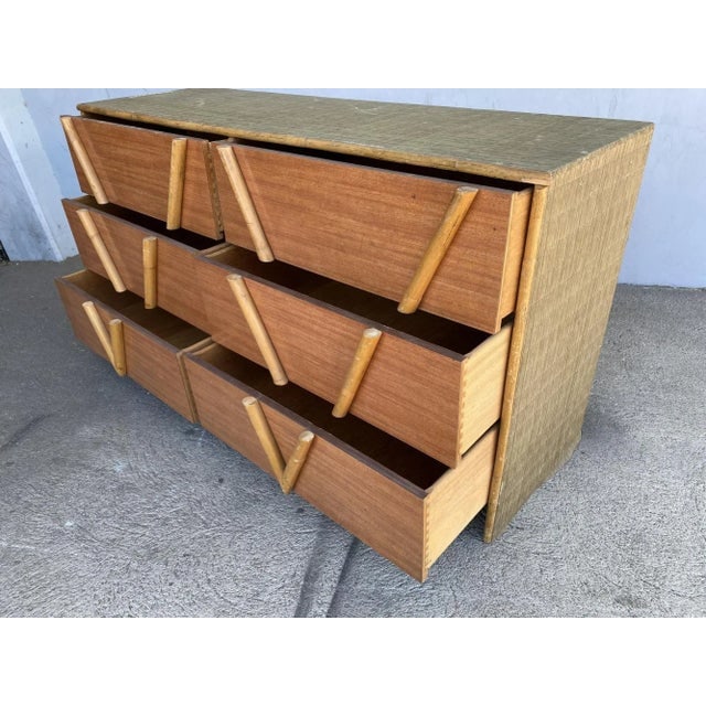 Restored Vintage 1950s Teak and Rice Mat "V" Lowboy Dresser With Rattan - 4