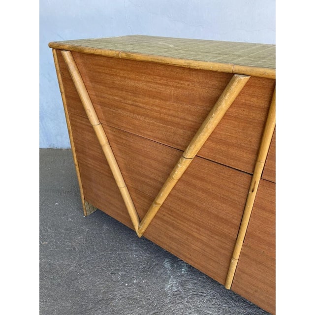 Restored Vintage 1950s Teak and Rice Mat "V" Lowboy Dresser With Rattan - 6