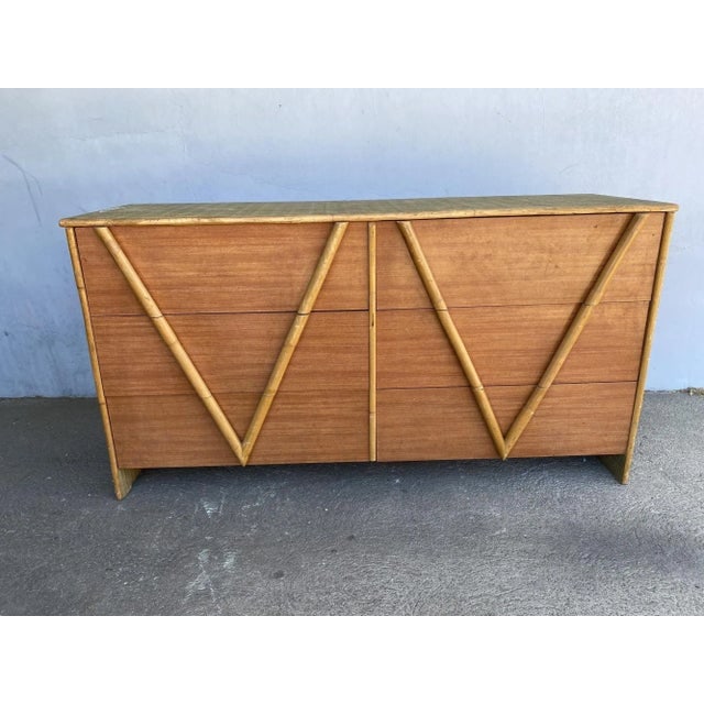 Restored Vintage 1950s Teak and Rice Mat "V" Lowboy Dresser With Rattan - 9