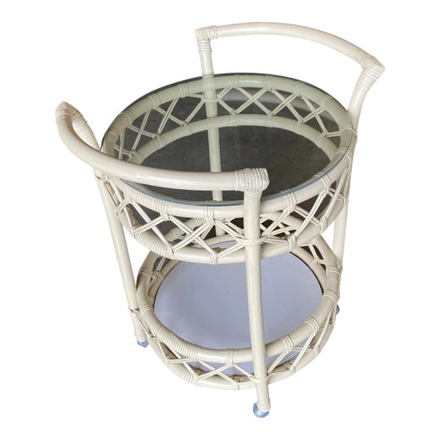 Restored Modern White Round Rattan and Mahogany Bar Cart (1 of 9)