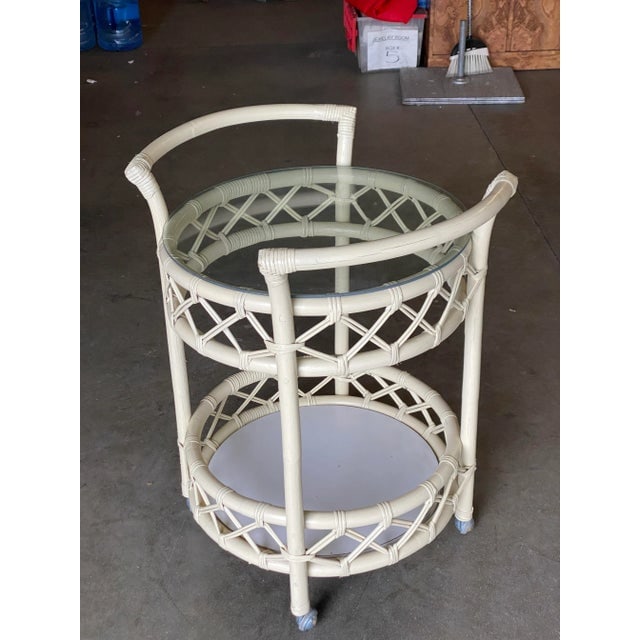 Restored Modern White Round Rattan and Mahogany Bar Cart - 2