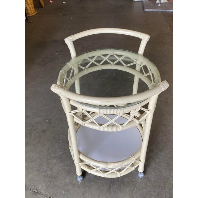 Restored Modern White Round Rattan and Mahogany Bar Cart - 3