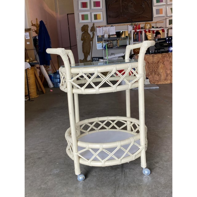 Restored Modern White Round Rattan and Mahogany Bar Cart - 4
