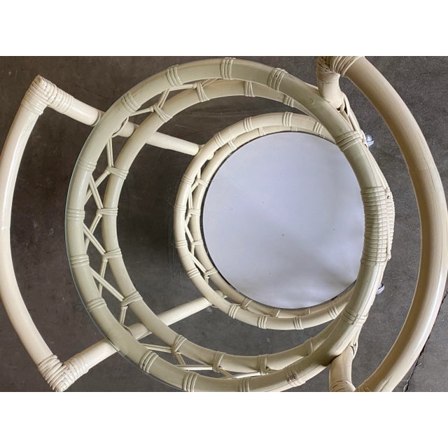 Restored Modern White Round Rattan and Mahogany Bar Cart - 5