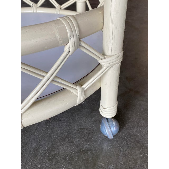 Restored Modern White Round Rattan and Mahogany Bar Cart - 7
