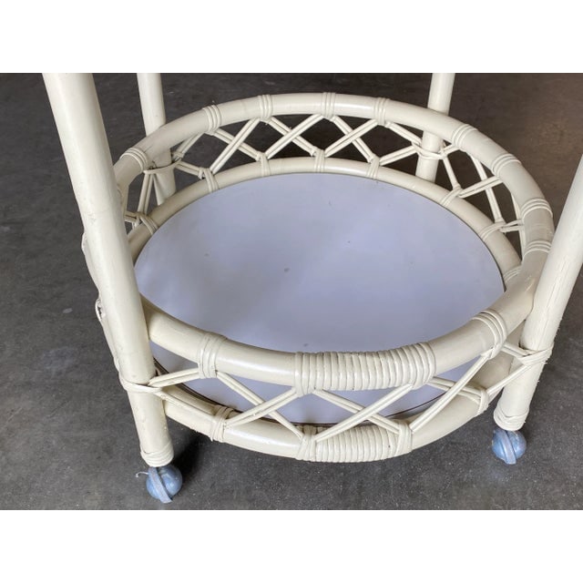 Restored Modern White Round Rattan and Mahogany Bar Cart - 8
