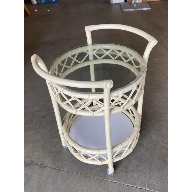 Restored Modern White Round Rattan and Mahogany Bar Cart - 9