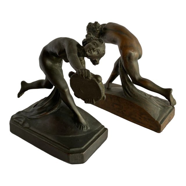 Circa 1900s Art Nouveau Figure Female Nymph Cast Bronze Bookends- a Pair: Title: Circa 1900s Art Nouveau Figure Female Nymph Cast Bronze Bookends- a Pair Description: Turn of the century Art Nouveau Figure Female Nymph bronze bookend pair featuring young nymphs each