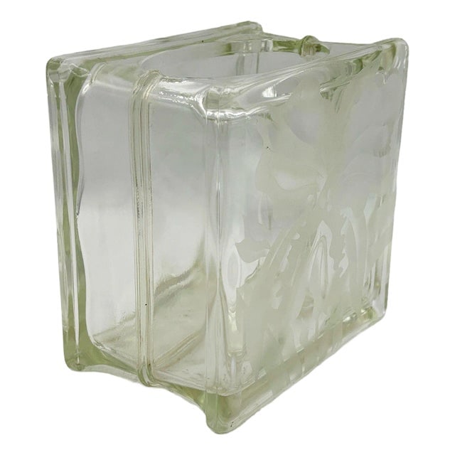 1970 Brutalist Postmodern Glass Block Table Vase W/ Acid Etched Hibiscus (1 of 6)