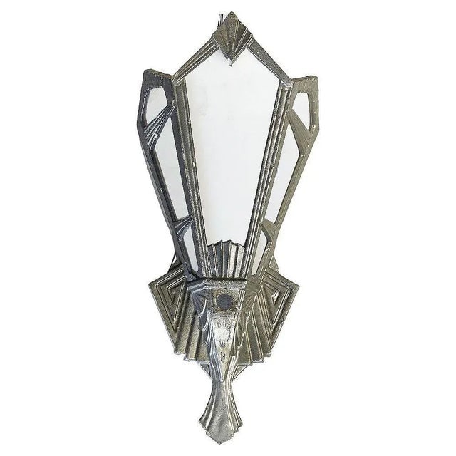 1920s Geometric Art Deco Aluminum Wall Sconce With Slat Milk Glass Panels - 2