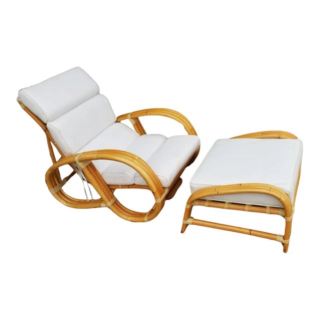 1950s Restored Rattan Reverse Pretzel Three Strand Lounge Chair and Matching Ottoman: Title: 1950s Restored Rattan Reverse Pretzel Three Strand Lounge Chair and Matching Ottoman Description: This immaculately restored three-strand rattan lounge chair and matching ottoman showcase the c