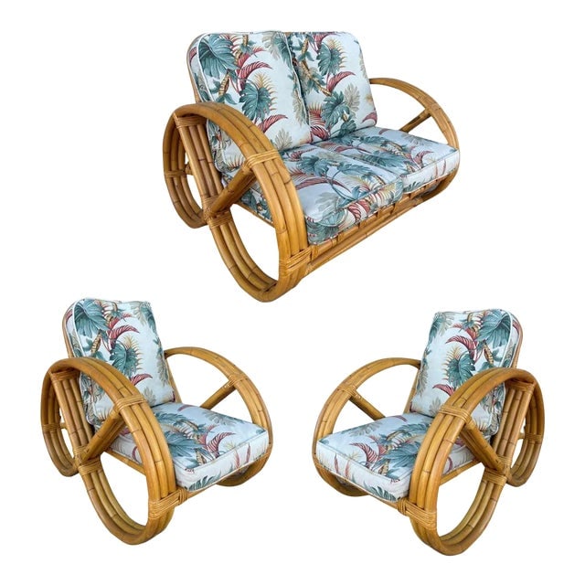 Rare Restored Three-Strand Child Size Round Full Pretzel Rattan Sofa and Lounge Chair Set: Title: Rare Restored Three-Strand Child Size Round Full Pretzel Rattan Sofa and Lounge Chair Set Description: Rare three-strand round full pretzel arm rattan living room set featuring a pair of