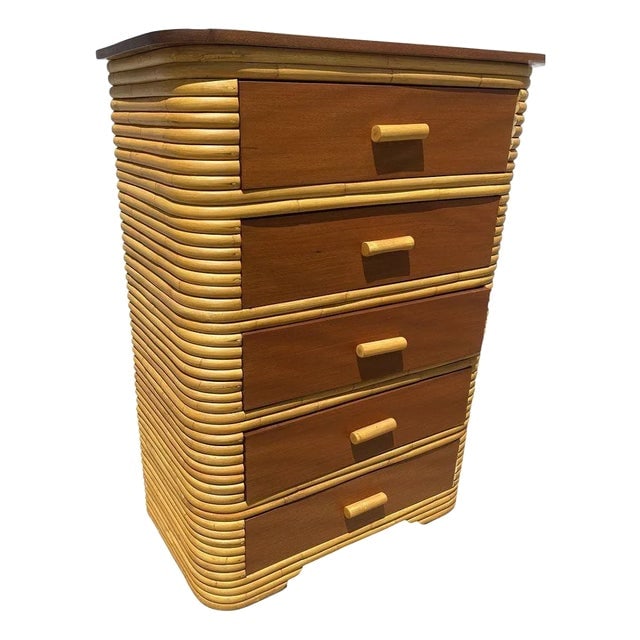 1930s Restored Art Deco Stacked Rattan Highboy Dresser W/ Mahogany (1 of 8)