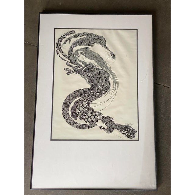 Hand Inked on Paper Surrealist Female Portrait Drawing Signed Ken Kreel 1989 - 2