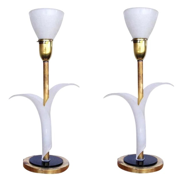 Sculptural Acrylic Table Lamps by Rembrandt - a Pair: Title: Sculptural Acrylic Table Lamps by Rembrandt - a Pair Description: This rare set of 1970s table lamps by Rembrandt Lamp feature leaf-shaped shafts elegantly rendered in ivory-toned acrylic. The 